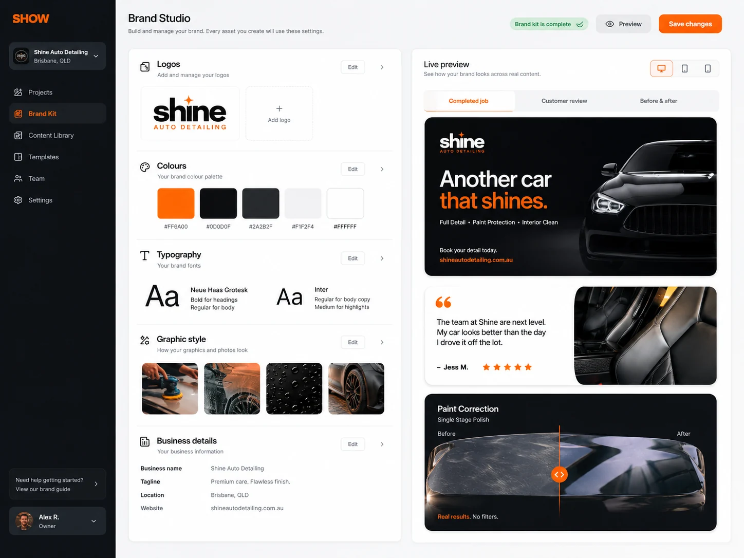 SHOW Brand Studio interface direction for an Australian auto detailing business