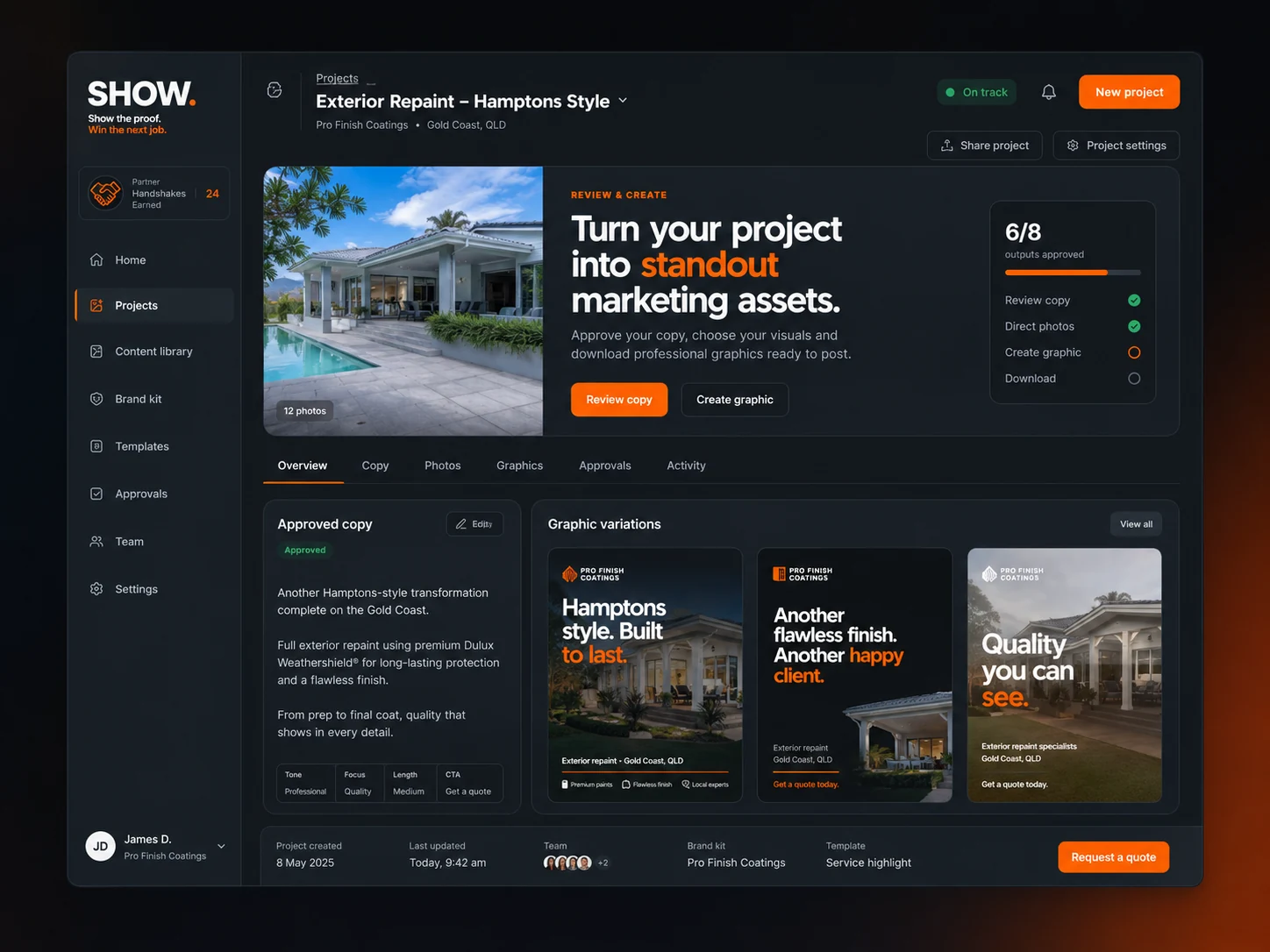 SHOW project workspace with approved copy and graphic variations